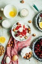 Fresh red currant on wooden table, bucket with red currant berri Royalty Free Stock Photo