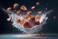 Fresh red fruit exploding with ice on black background illustration generative ai