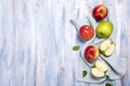 Fresh red and green apples, top view copy space background