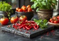 Fresh red hot chili peppers and basil on black stone board Royalty Free Stock Photo