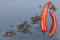 Fresh red hot peppers with black, sichuan and long pepper