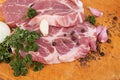 Fresh red meat with spices and parsley close-up on a wooden table.