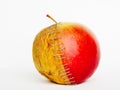 Fresh red and old yellow apple halves with staples on white background,