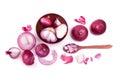 Fresh red onion sliced bulb and onion peel isolated on white ba Royalty Free Stock Photo