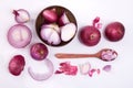 Fresh red onion sliced bulb and onion peel isolated on white ba Royalty Free Stock Photo