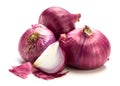 The Fresh red onion sliced bulb and onion peel isolated on white Royalty Free Stock Photo