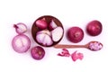Fresh red onion sliced bulb and onion peel isolated on white Royalty Free Stock Photo