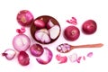Fresh red onion sliced bulb and onion peel on white ba Royalty Free Stock Photo