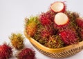 Fresh red rambutan in a bamboo basket Royalty Free Stock Photo