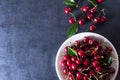 Fresh red ripe cherries on white plate Royalty Free Stock Photo