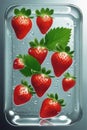 Fresh red ripe strawberries lie on a rectangular glass dish. Fresh harvest of summer berries Royalty Free Stock Photo