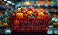 Fresh red ripe strawberries and yellow bell peppers in shopping basket Royalty Free Stock Photo