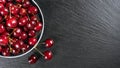 Fresh red ripe sweet cherry with water drops on plate on black slate background. Royalty Free Stock Photo