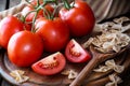 Fresh red ripe tomatoes with uncooked wholemeal bow tie pasta Royalty Free Stock Photo