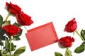 Fresh red roses and blank paper for notes on white background. Royalty Free Stock Photo