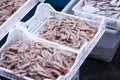 Fresh red shrimps prawns for sale in the fish market of Catania, Sicily, Italy Royalty Free Stock Photo