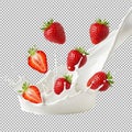 Fresh Red Strawberries with Milk Splash in Realistic 3D Illustration Royalty Free Stock Photo