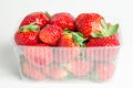 Fresh red strawberries prepacked in a plastic transparent container Royalty Free Stock Photo
