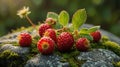 Wild Strawberries on Mossy Rock in Summer Forest with Soft Sunlight Royalty Free Stock Photo