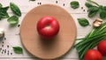 Fresh red tomato, basil leaves, onion, garlic, spices on wooden background