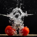 Fresh red tomato falling into water with water splash and air bubbles isolated on black background Royalty Free Stock Photo