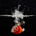 Fresh red tomato falling into water with water splash and air bubbles isolated on black background Royalty Free Stock Photo