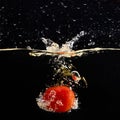 Fresh red tomato falling into water with water splash and air bubbles isolated on black background Royalty Free Stock Photo