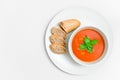 Fresh tomato soup with small bread and basil leaf on a plate with paper textured background Royalty Free Stock Photo