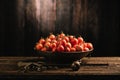 Fresh Red tomatoes box on wooden table Royalty Free Stock Photo