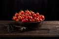 Fresh Red tomatoes box on wooden table Royalty Free Stock Photo