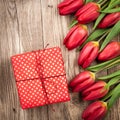Fresh red tulips and gift box Royalty Free Stock Photo