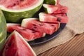 Fresh red watermelon pieces on a black plate on a wooden table. Sweet and juicy watermelon Royalty Free Stock Photo