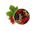 Fresh red, white and black currants in bowl with green leaf isolated on white, top view Royalty Free Stock Photo