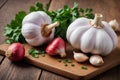 Fresh red and white garlic and parsley on wooden board.