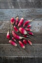 Fresh red radishes in a group on wood background