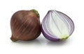 Fresh red whole and sliced onions isolated on white background. Royalty Free Stock Photo