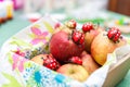 Fresh apples in basket with chocolate ladybugs