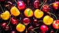 Fresh red and yellow cherries. Food ecology and agriculture. Fruit background with berries. Generative AI. Illustration for banner