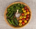 Fresh red and yellow cherry tomatoes and cucumbers with salt shaker on wooden tray in a rustic style. Royalty Free Stock Photo