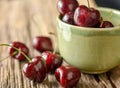 Fresh redcherries in green ceramic cup.