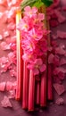 Fresh Rhubarb Stalks, sugar and pink flowers