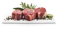 Fresh ribeye steaks with rosemary and peppercorns on white background Royalty Free Stock Photo