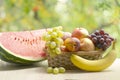 Fresh ripe apples, peaches, green and blue grapes, bananas and watermelon in basket. Healthy food on table on defocus autumn Royalty Free Stock Photo