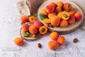 Fresh ripe apricots and mint leaves on wooden tray. Whole and slices organic apricot fruits scattered on light stone background