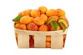 Fresh ripe apricots in wooden basket over white Royalty Free Stock Photo