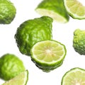 Fresh ripe bergamot fruits flying on white background