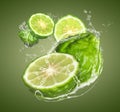 Fresh ripe bergamot fruits and splashing water on color background