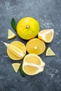 Fresh ripe bergamot orange fruits, fragrant citrus used in earl grey tea, medicine and spa treatments, close up Royalty Free Stock Photo