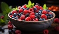 Fresh, ripe berries on wooden bowl, a healthy summer snack generated by AI Royalty Free Stock Photo