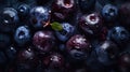 Fresh ripe bilberries with water drops background. Berries backdrop. Generative AI